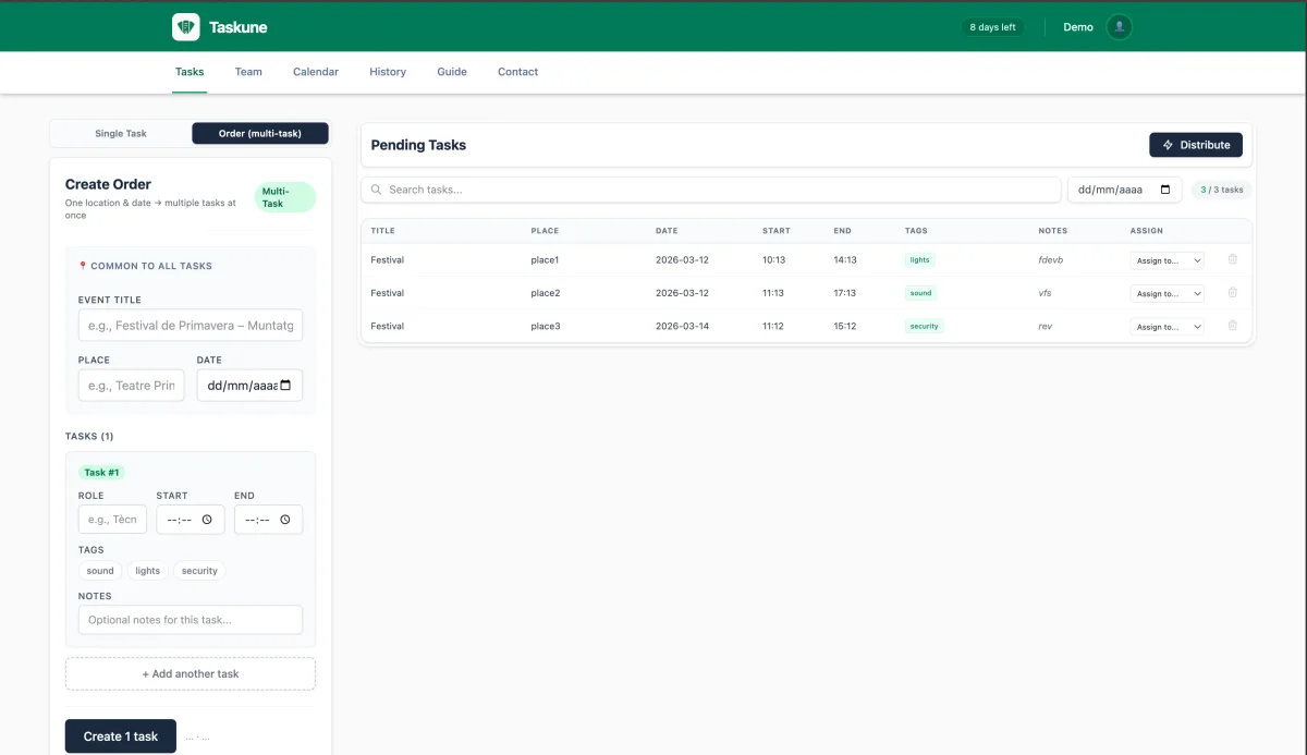 Taskune — panel de gestión de tareas y trabajadores